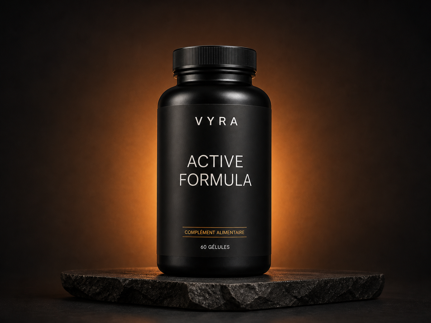 Flacon noir VYRA dans un décor minéral